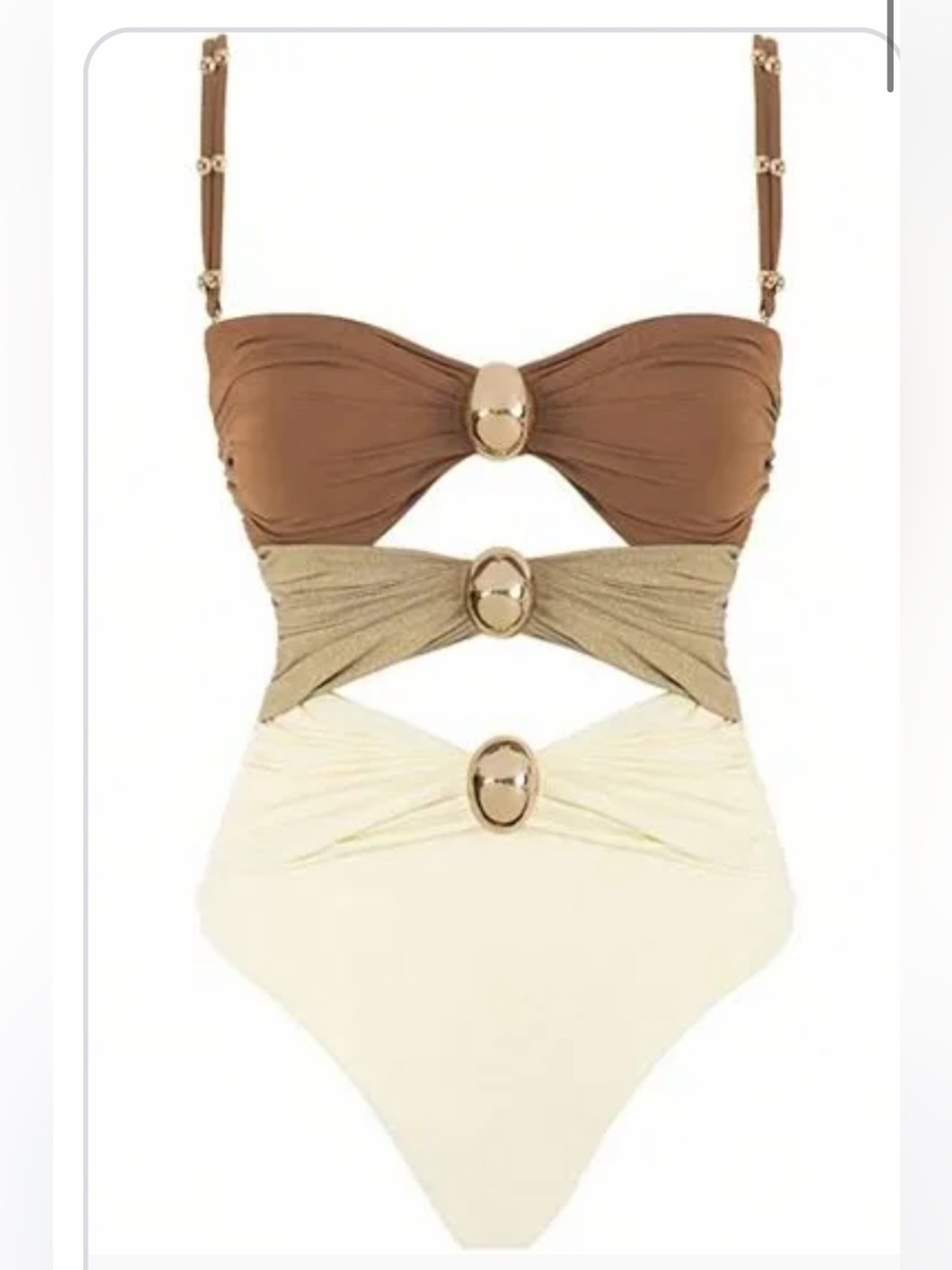 Amazon Women One-Piece Swimsuit in Brown, Beige & Cream with Gold Accents